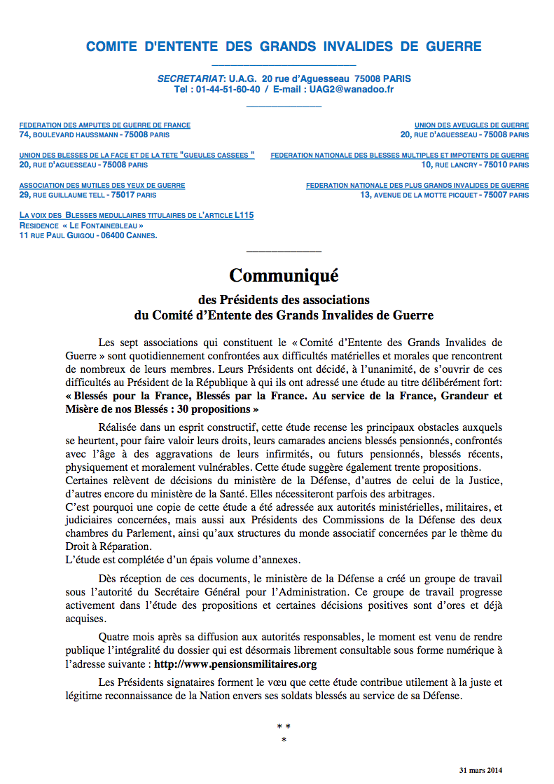 Dossier « Blessés pour la France, Blessés par la France. Au service de la France, Grandeur et Misère de nos Blessés : 30 propositions »